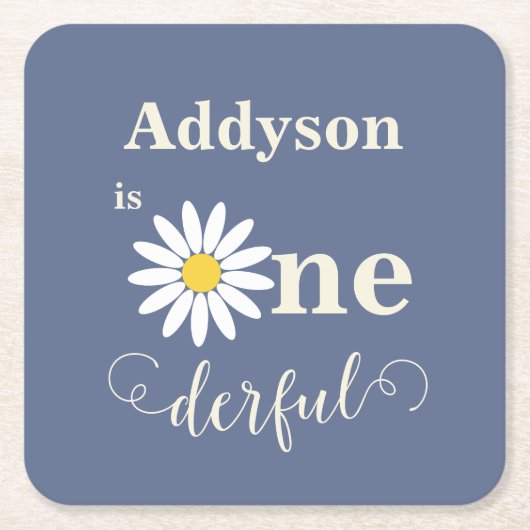 ブルーデイジーオネダーフルファースト誕生日 スクエアペーパーコースター (正面)
