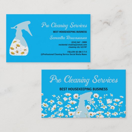 ブルーデイジースプレーボトル清掃サービスガーデニング 名刺 (正面/裏面)
