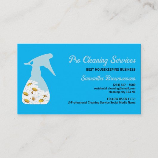 ブルーデイジースプレーボトル清掃サービスガーデニング 名刺 (正面)