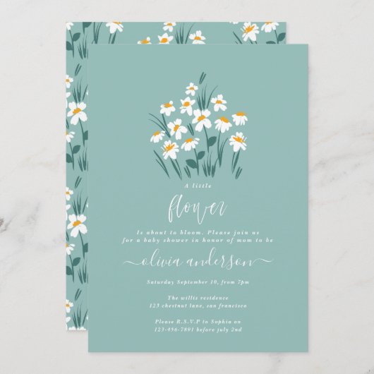 ブルーデイジーフローラエレガント美しい赤ちゃんシャワー 招待状 (正面/裏面)