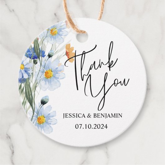 ブルーデイジーフローラ結婚ズサンキューメッセージカード フェイバータグ (正面)
