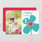 ブルーデイジーポップ・アートのフラワーかわいいフォトガール1st誕生日 招待状 (正面/裏面)