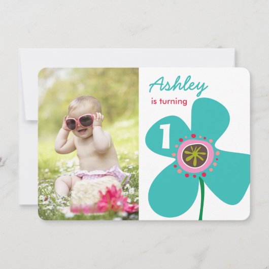 ブルーデイジーポップ・アートのフラワーかわいいフォトガール1st誕生日 招待状 (正面)