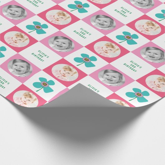 ブルーデイジーポップ・アートのフラワーシック誕生日フォトギフト ラッピングペーパー (角)