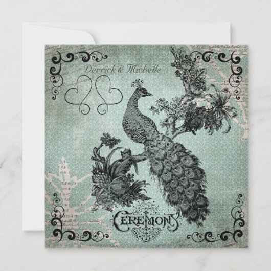 ブルーデザインヴィンテージピーコック結婚式招待状 招待状 (正面)