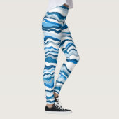 ブルーデジタル流体アートマーブルストライプ レギンス (右)