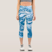 ブルーデジタル流体大理石の注絵画流のセル カプリレギンス (正面)