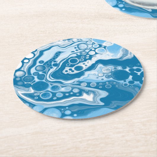 ブルーデジタル流体大理石の注絵画流のセル ラウンドペーパーコースター (アングル)