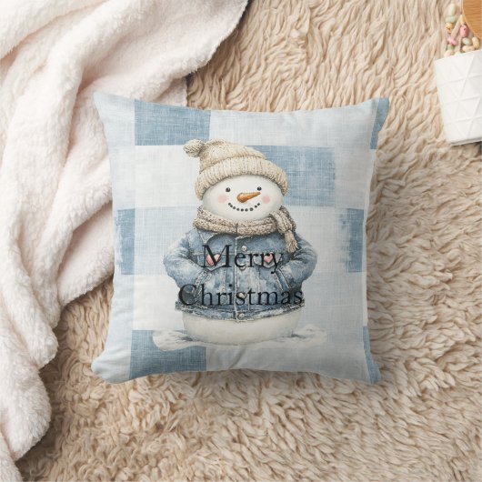 ブルーデニムの雪だるまクリスマス クッション (ブランケット)