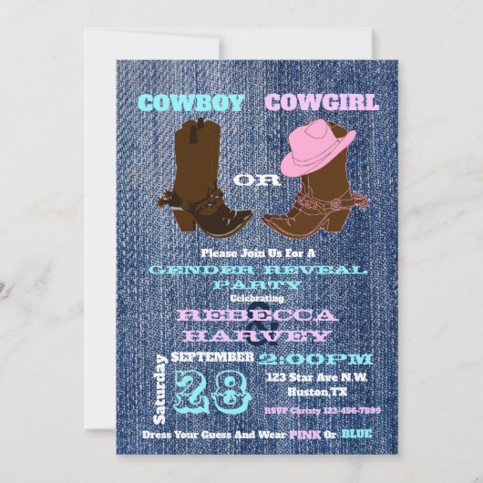 ブルーデニムカウボーイまたは女性のカーボーイ性別がパーティーを明かす 招待状 (正面)