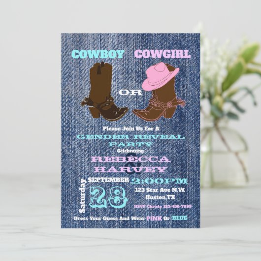 ブルーデニムカウボーイまたは女性のカーボーイ性別がパーティーを明かす 招待状 (スタンド正面)