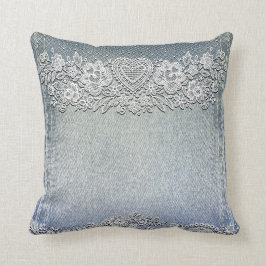ブルーデニムジャン&ホワイトハートレース クッション