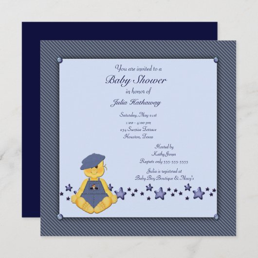 ブルーデニムスターズ男の赤ちゃんシャワー 招待状 (正面/裏面)