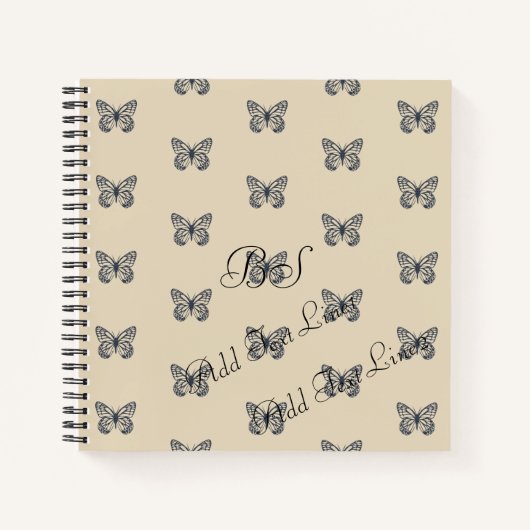 ブルーデニムバタフライパターン追加文字ノートブック ノートブック (正面)
