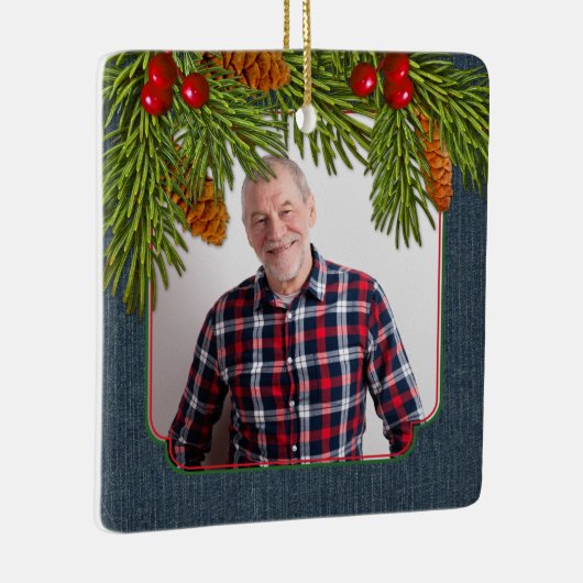 ブルーデニムパイン大枝メモリアル写真クリスマス セラミックオーナメント (右)