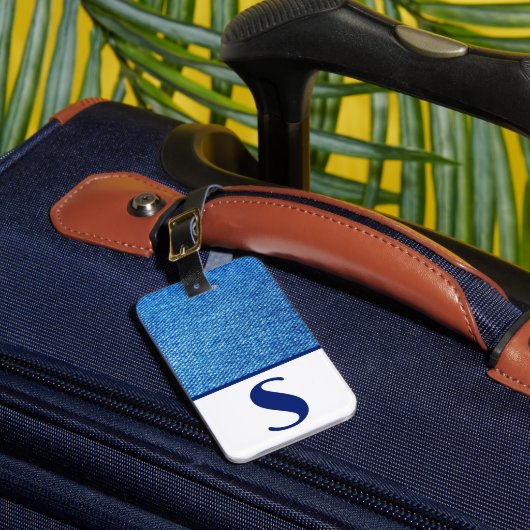 ブルーデニムファブリック、カラーブロックラゲージタグ ラゲッジタグ (正面インサイチュ1)