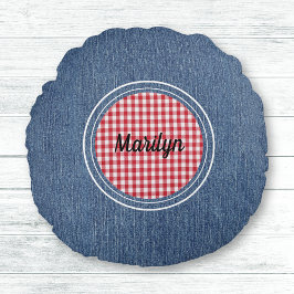 ブルーデニムプリント、赤と白の格子縞アクセント ラウンドクッション