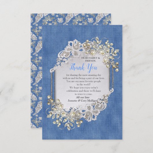 ブルーデニム、レースとアイボリーパール 出欠カード (正面/裏面)