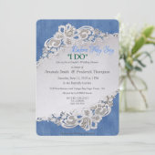 ブルーデニム、レースとアイボリーパール 招待状 (スタンド正面)