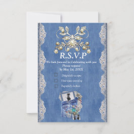 ブルーデニム、レース、コスチュームジュエリー&子猫 出欠カード