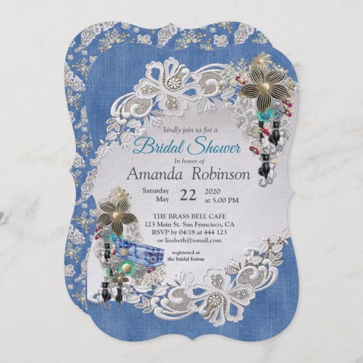 ブルーデニム、レース – コスチュームジュエリー 招待状 (正面/裏面)