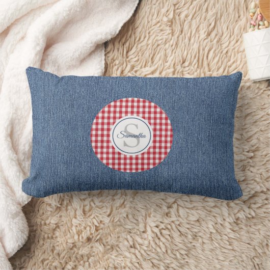 ブルーデニム、赤と白の格子縞アクセント ランバークッション (ブランケット)