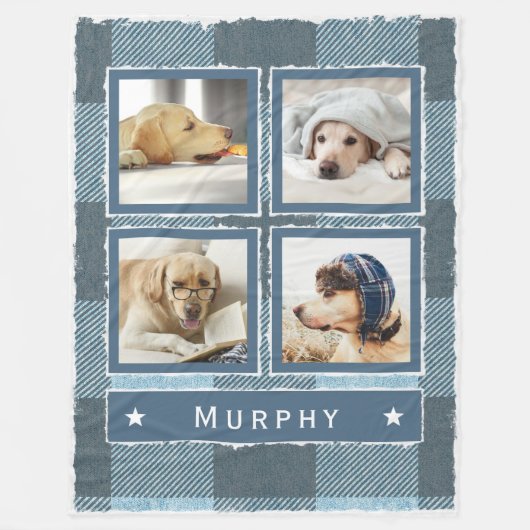 ブルーデニ素朴ムバッファロープレイド4フォトドッグラージ フリースブランケット (正面)