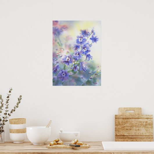 ブルーデルフィニウムのフラワーウォーター色ポスター ポスター (キッチン)