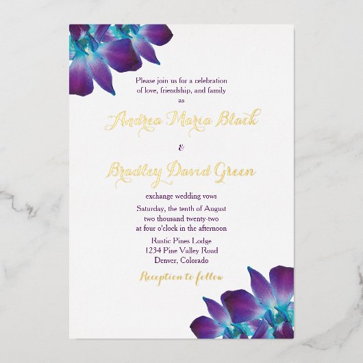 ブルーデンドロビウムオーキッド金ゴールド結婚式招待状 箔招待状 (正面)