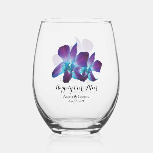 ブルーデンドロビウム蘭の後に幸せ結婚に ステムなしワイングラス (正面)