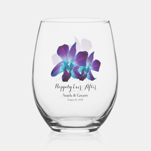 ブルーデンドロビウム蘭の後に幸せ結婚に ステムなしワイングラス (裏面)