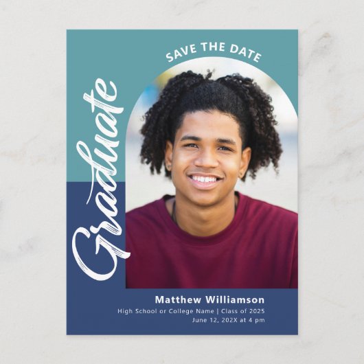 ブルーデ救ータス卒業写真はっきりしたArchスクリプト インビテーションポストカード (正面)