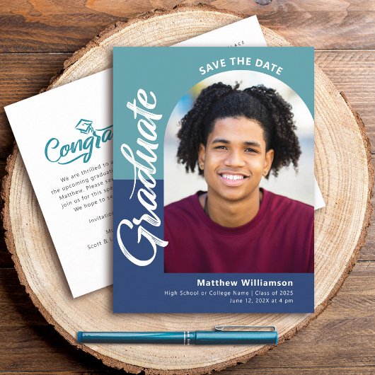 ブルーデ救ータス卒業写真はっきりしたArchスクリプト インビテーションポストカード