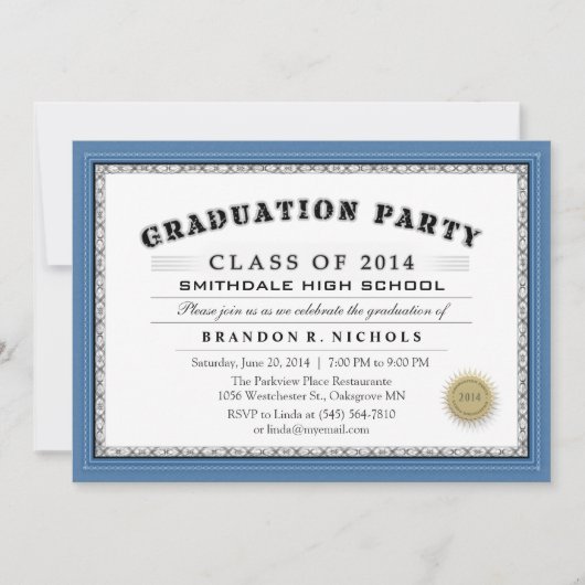 ブルーデ縁どィプロマスタイルグラッドパーティの招待状 招待状 (正面)