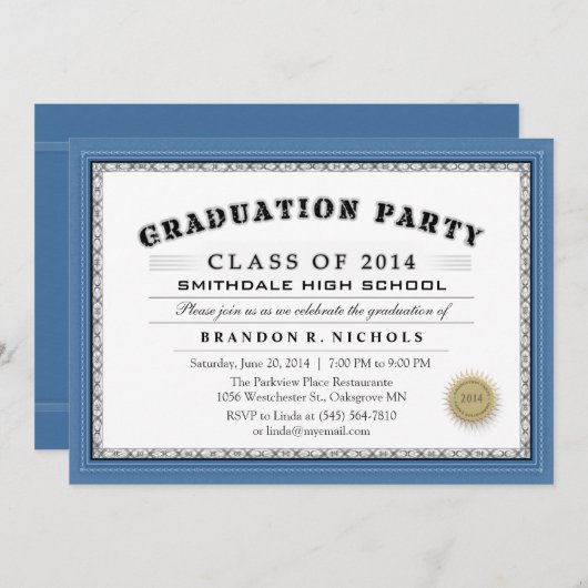 ブルーデ縁どィプロマスタイルグラッドパーティの招待状 招待状 (正面/裏面)