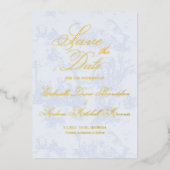 ブルートイルウェディング日付を保存ヴィンテージ 箔招待状 (正面)