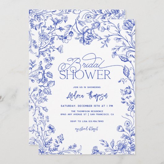 ブルートイルエレガントスモダンクリプトブライダルシャワー 招待状 (正面/裏面)