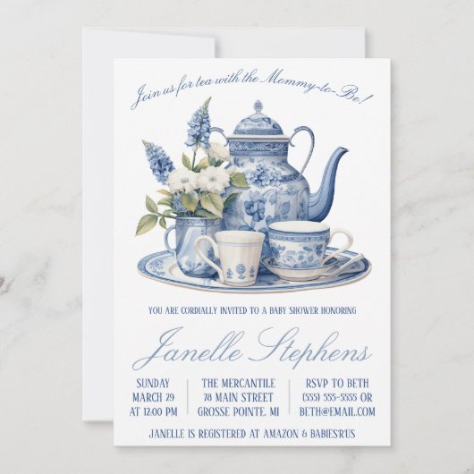 ブルートイル中国、ティービクトリアンパーティーベビーシャワー 招待状 (正面)