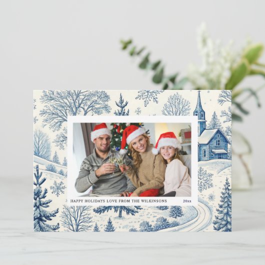 ブルートイル冬の教会クリスマスフォトカード 招待状 (スタンド正面)