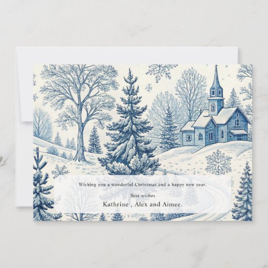 ブルートイル冬の教会クリスマスフォトカード 招待状 (裏面)