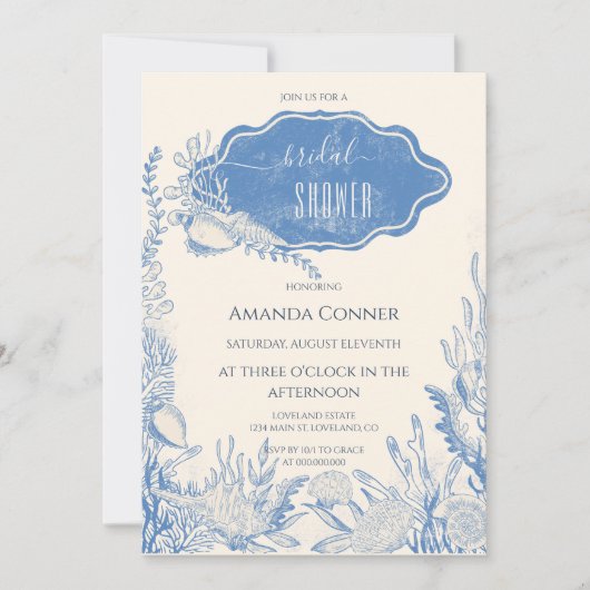 ブルートイル海をテーマにしたブライダルシャワー 招待状 (正面)