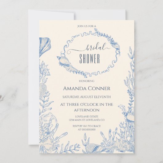 ブルートイル海をテーマにしたブライダルシャワー 招待状 (正面)