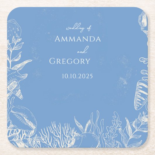 ブルートイル海結婚テーマ スクエアペーパーコースター (正面)