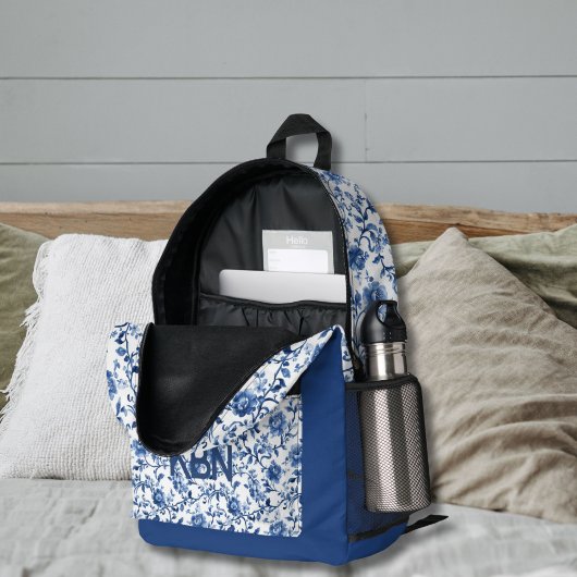 ブルートイレウォーター色フローラモノグラムイニシャル名 プリントバックパック