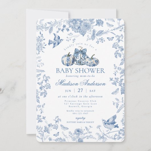 ブルートイレカボチャフランスの秋フローラベビーシャワー 招待状 (正面)