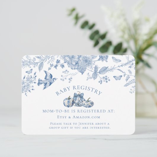 ブルートイレカボチャヴィンテージフローラベビーレジストリ エンクロージャーカード (スタンド正面)