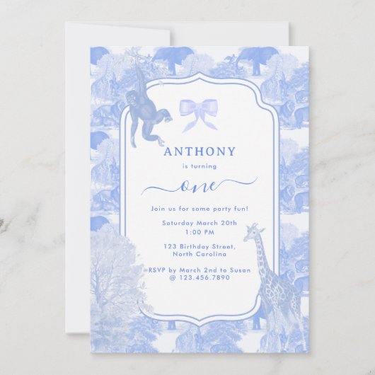 ブルートイレサファリアニマルズチノイスリーボーイ誕生日 招待状 (正面)