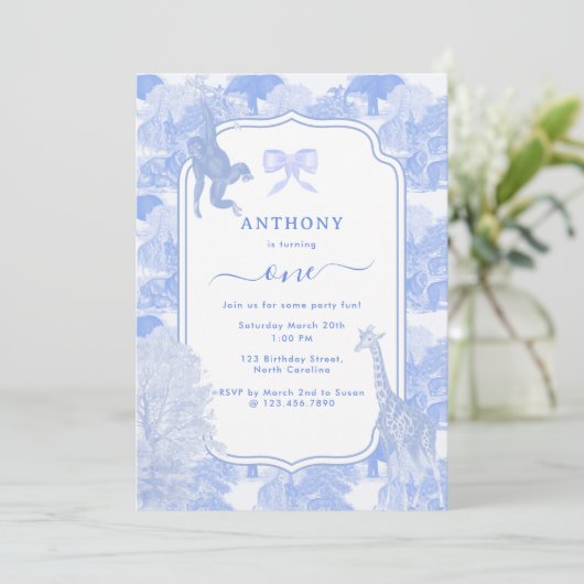 ブルートイレサファリアニマルズチノイスリーボーイ誕生日 招待状 (スタンド正面)