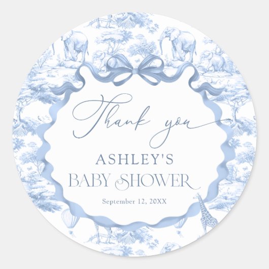 ブルートイレサファリ動物の赤ちゃんシャワーありがとう ラウンドシール (正面)
