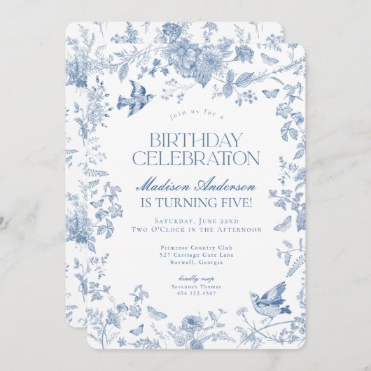 ブルートイレデジュイフランスのフローラ誕生日パーティー 招待状 (正面/裏面)